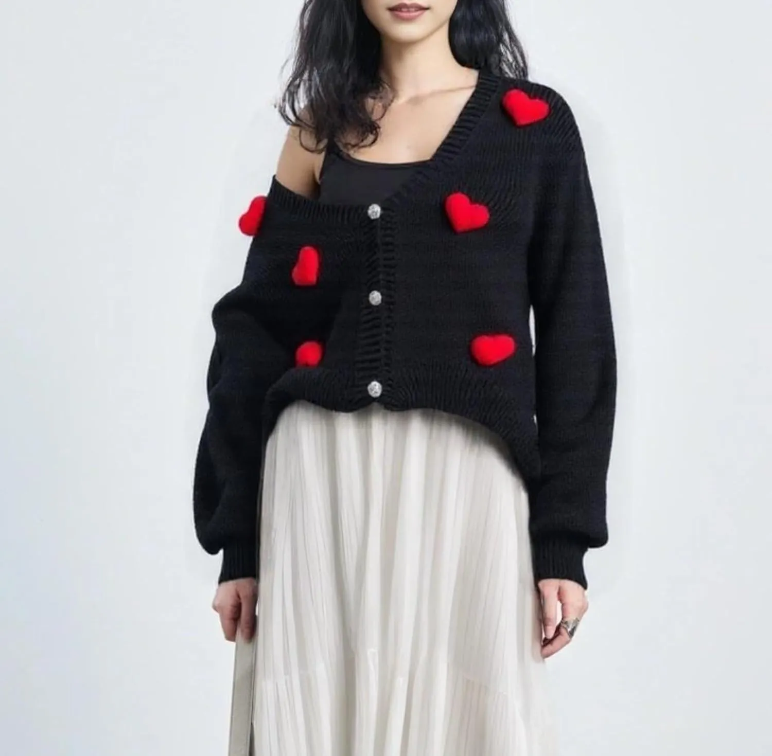 Heart Cute Cropped Cardigan for Women Aesthetic Embroidered Floral Knit Button Down Sweater Outwear