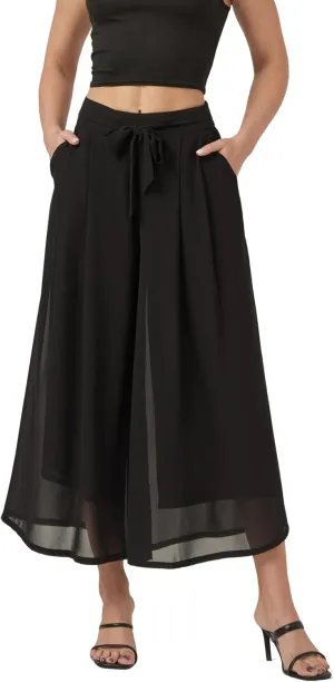 heipeiwa Women's Chiffon Wide Leg Palazzo Pants Summer Capris Crop Culotte Pants with Removable Belt Tie-Knot Beach Outfits