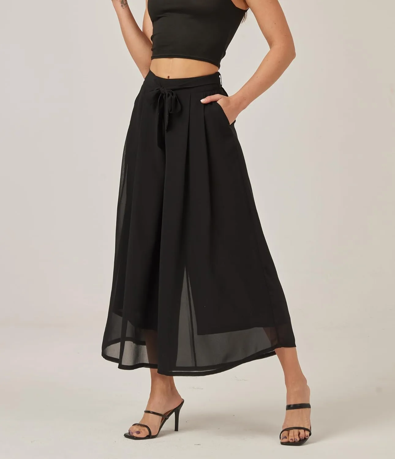 heipeiwa Women's Chiffon Wide Leg Palazzo Pants Summer Capris Crop Culotte Pants with Removable Belt Tie-Knot Beach Outfits