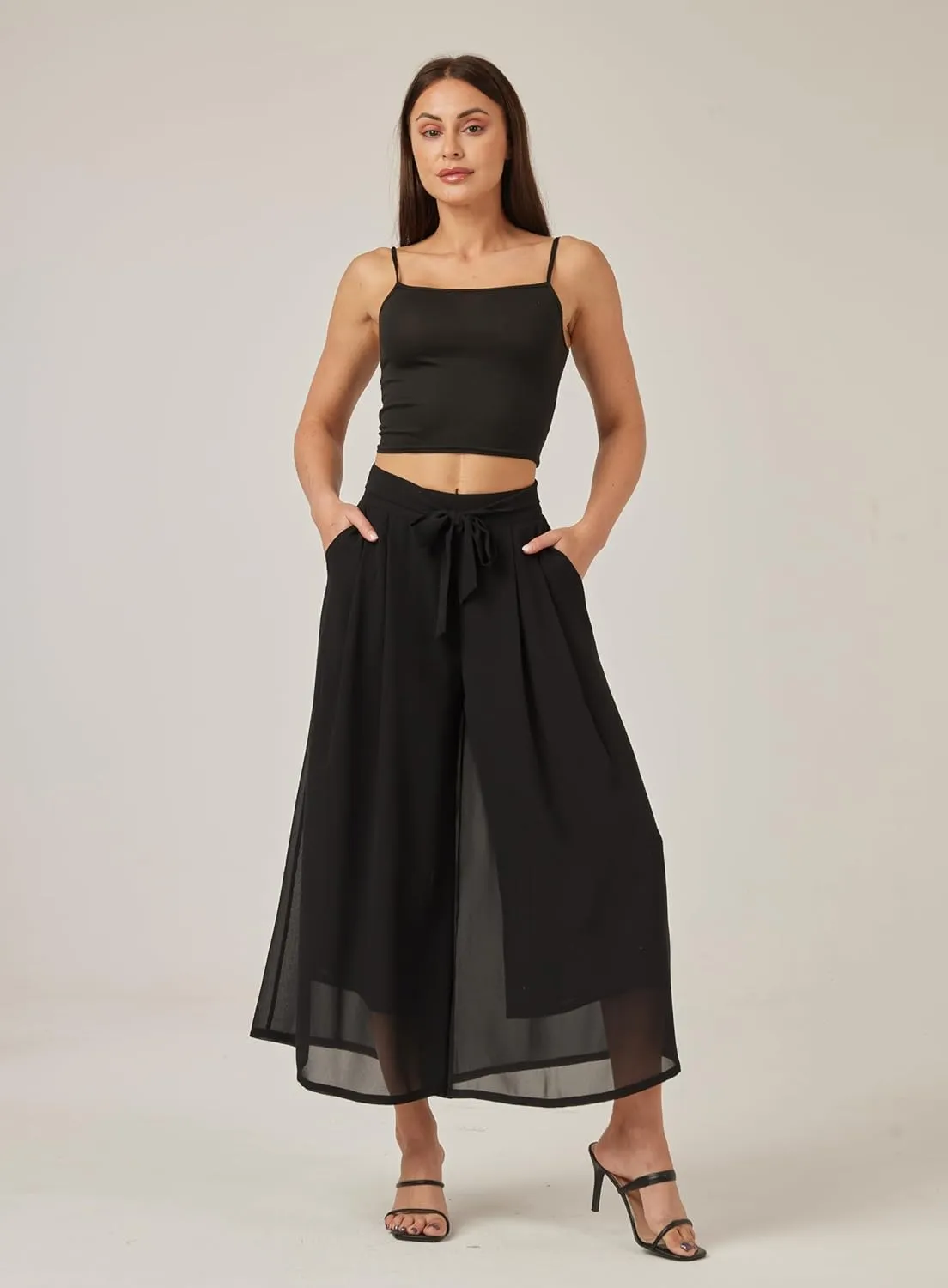 heipeiwa Women's Chiffon Wide Leg Palazzo Pants Summer Capris Crop Culotte Pants with Removable Belt Tie-Knot Beach Outfits