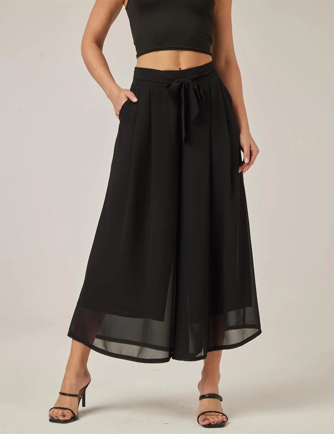 heipeiwa Women's Chiffon Wide Leg Palazzo Pants Summer Capris Crop Culotte Pants with Removable Belt Tie-Knot Beach Outfits