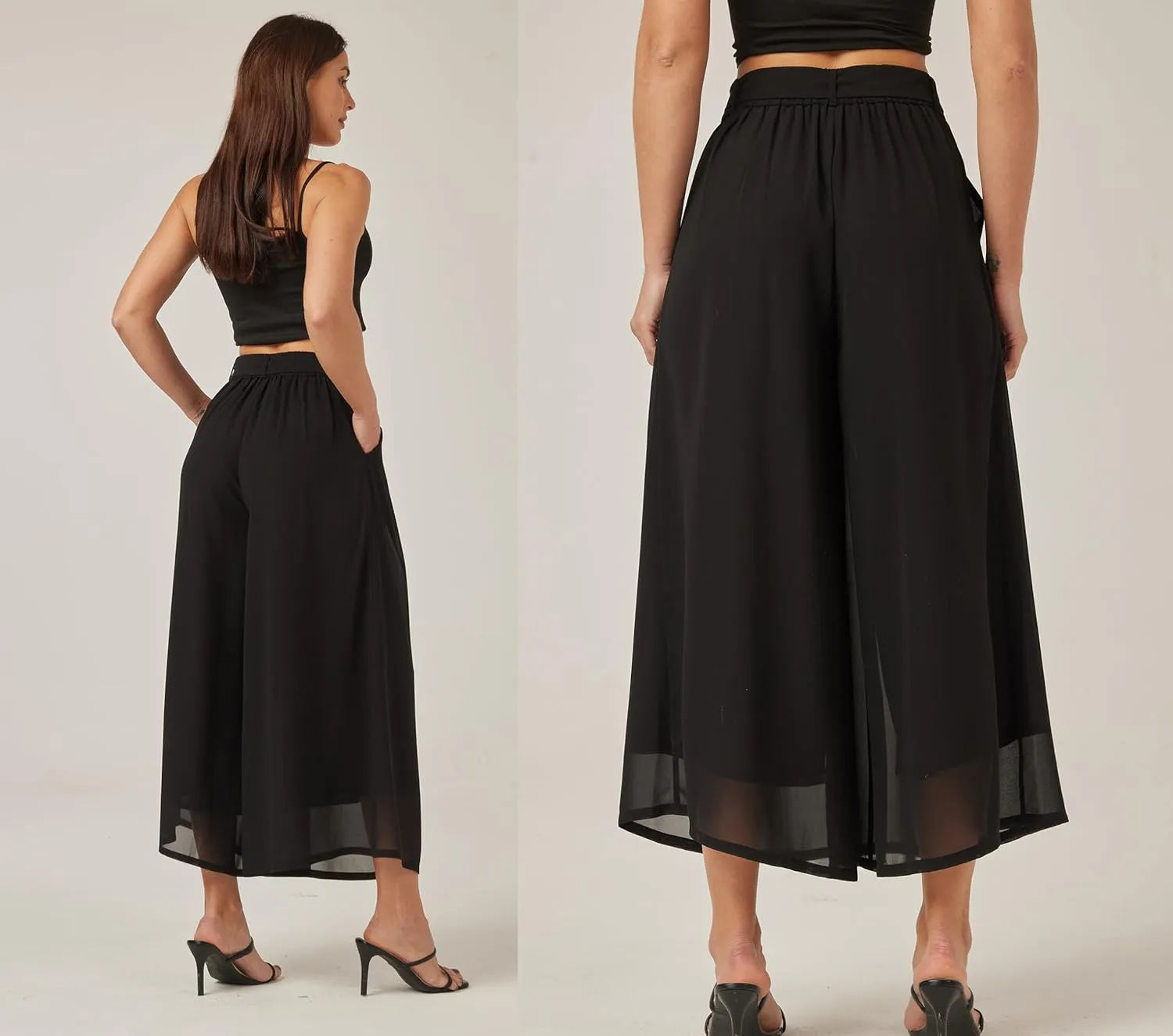 heipeiwa Women's Chiffon Wide Leg Palazzo Pants Summer Capris Crop Culotte Pants with Removable Belt Tie-Knot Beach Outfits