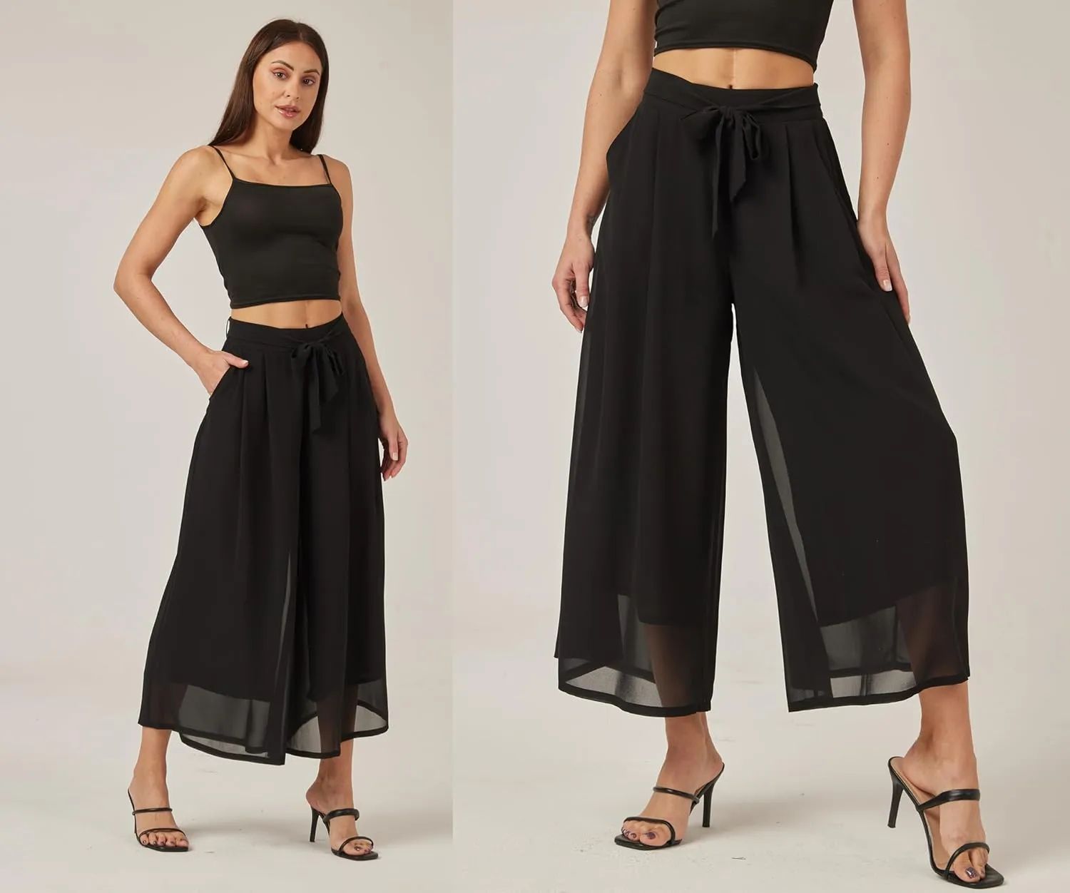 heipeiwa Women's Chiffon Wide Leg Palazzo Pants Summer Capris Crop Culotte Pants with Removable Belt Tie-Knot Beach Outfits