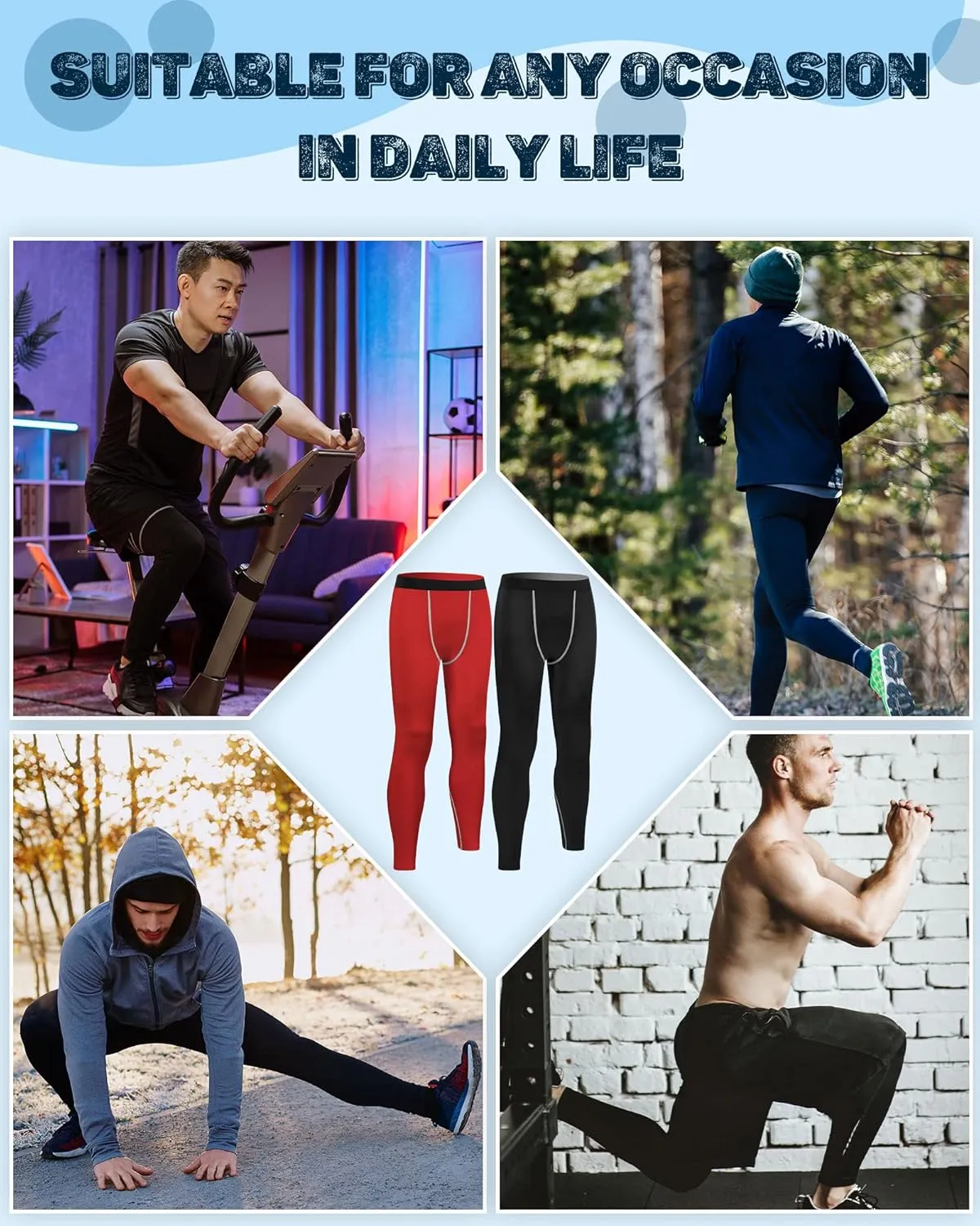 Hicarer 6 Pack Men's Compression Pants Workout Pants Athletic Compression Leggings Running Tights for Men Sport Supplies
