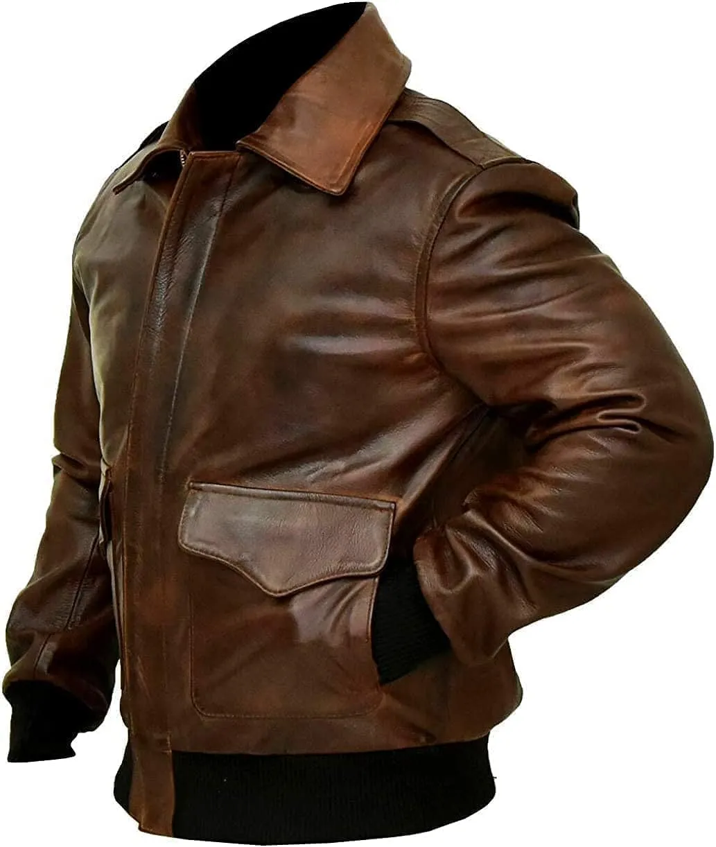 Hide & Seek Mens A2 Aviator Air Force Cockpit Vintage Bomber Military Flight Pilot WWII Distressed Real Leather Jacket