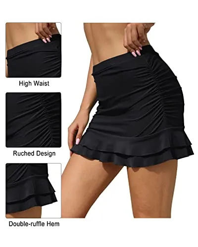 High Waisted Swim Skirt For Women With Tummy Control & Built In Briefs-Black