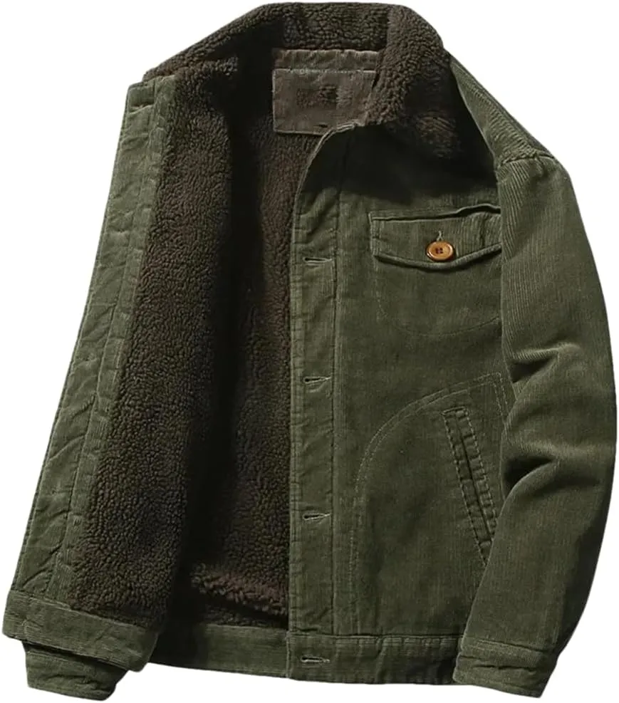 Hndudnff Men's Corduroy Cotton Padded Coat with Pocket Casual Warm Jacket Buttons Lapel Outerwear