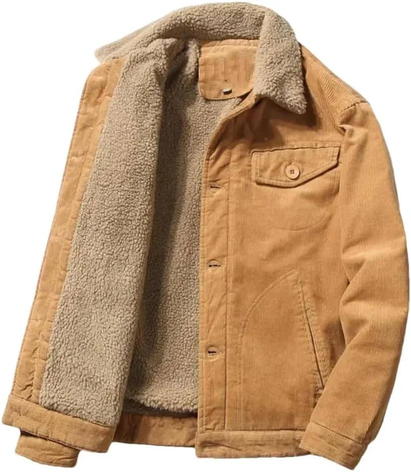 Hndudnff Men's Corduroy Cotton Padded Coat with Pocket Casual Warm Jacket Buttons Lapel Outerwear