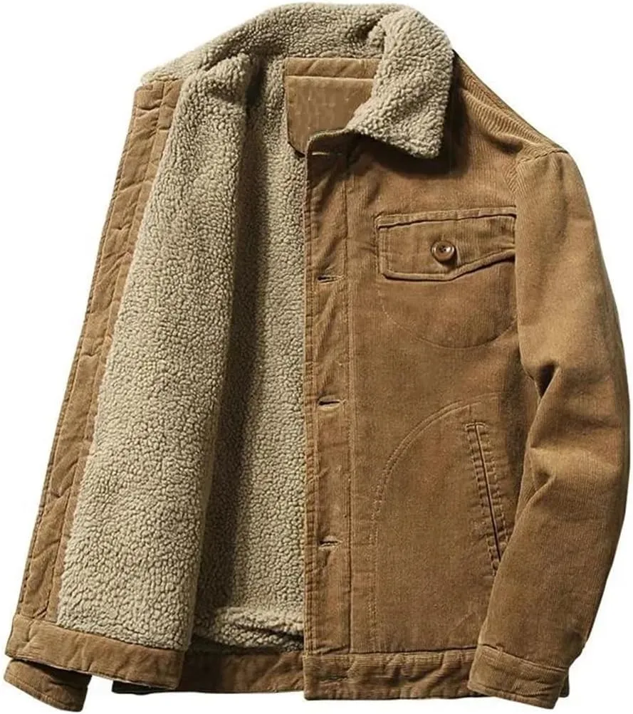Hndudnff Men's Corduroy Cotton Padded Coat with Pocket Casual Warm Jacket Buttons Lapel Outerwear