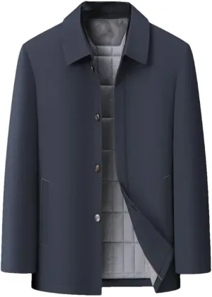 Hndudnff Men's Lapel Thin Padded Cotton Jacket Solid Medium Length Outerwear with Pocket Coat