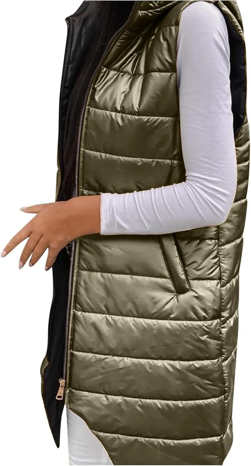 Hooded Puffer Vest For Women Down Jacket Coat Casual Fashion Winter Cotton Padded Long Waistcoat