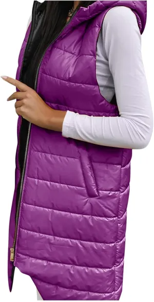 Hooded Puffer Vest For Women Down Jacket Coat Casual Fashion Winter Cotton Padded Long Waistcoat