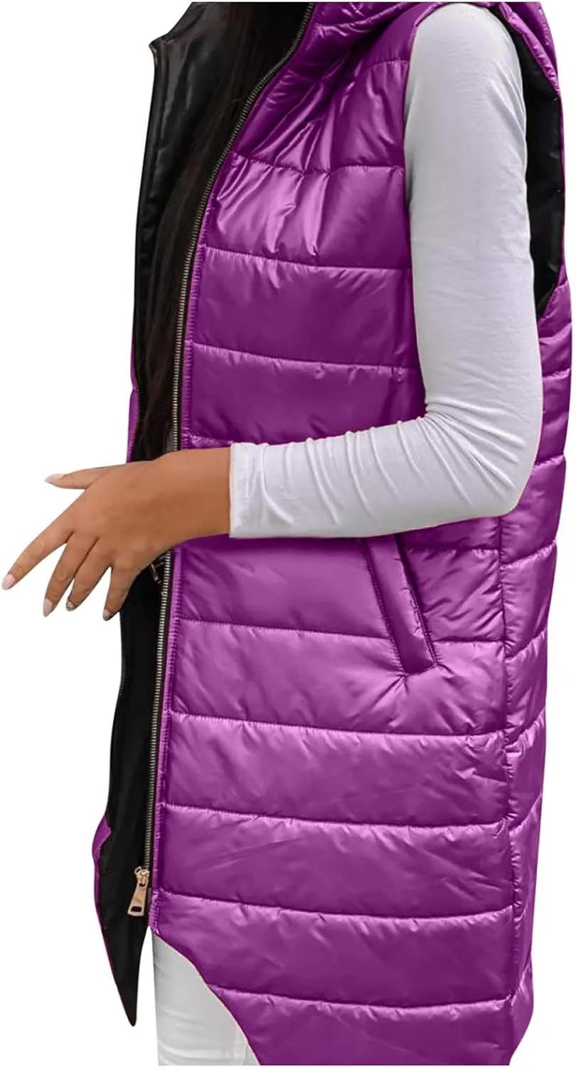 Hooded Puffer Vest For Women Down Jacket Coat Casual Fashion Winter Cotton Padded Long Waistcoat