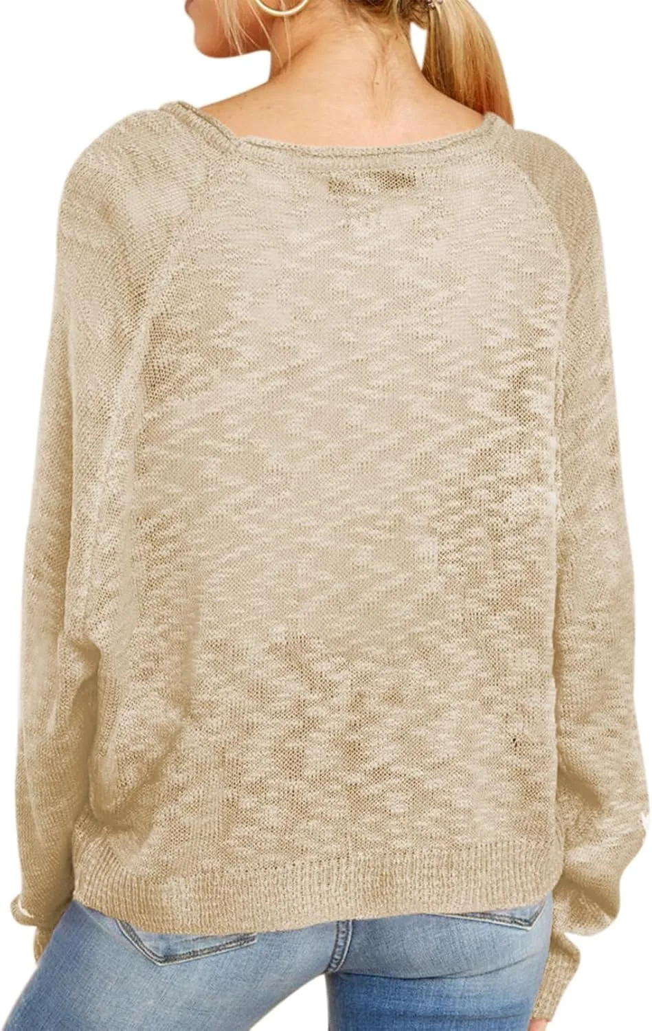 HUUSA Oversized Sweaters for Women Crewneck Tops Knitted Baggy Pullover Sexy See Through Beach Coverups Relaxed Fit