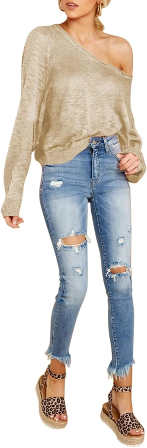 HUUSA Oversized Sweaters for Women Crewneck Tops Knitted Baggy Pullover Sexy See Through Beach Coverups Relaxed Fit