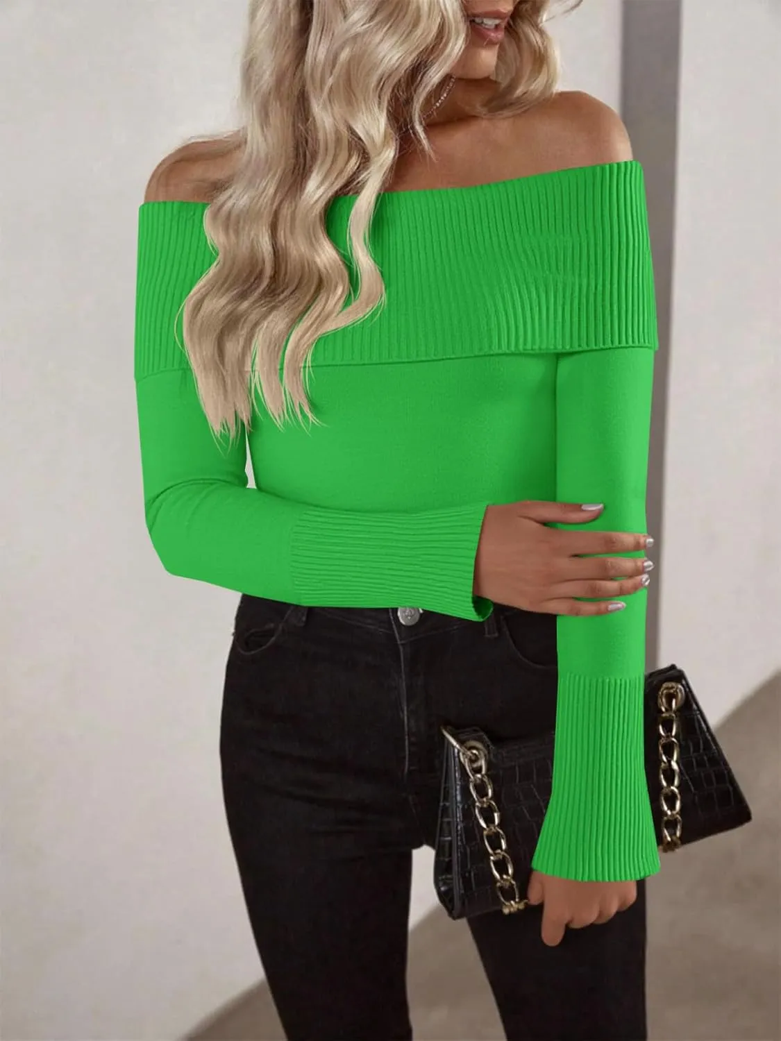 Imily Bela Womens Off The Shoulder Sweaters Casual Long Sleeve Ribbed Knit Slim Fit Y2K Going Out Pullover Tops