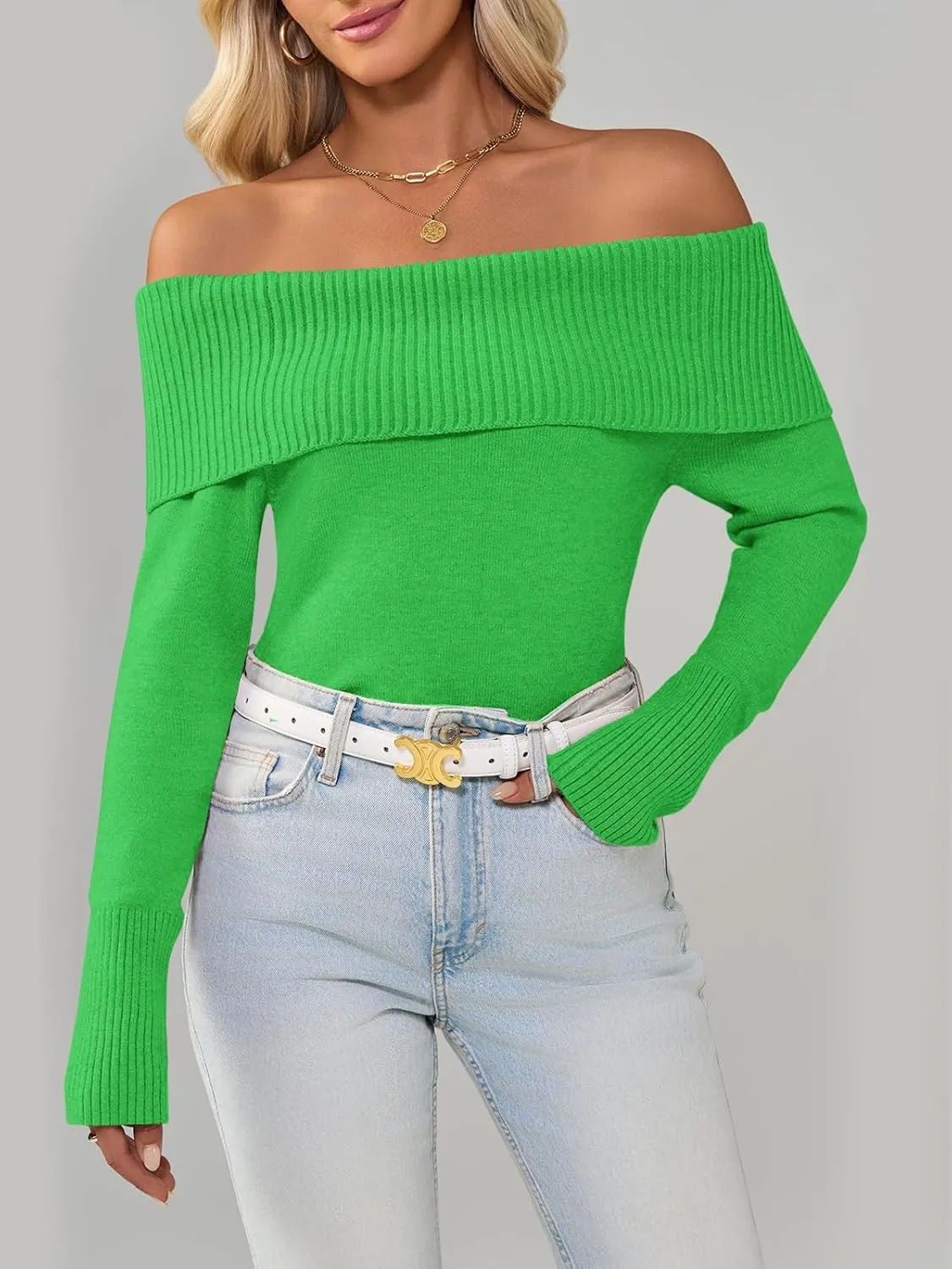 Imily Bela Womens Off The Shoulder Sweaters Casual Long Sleeve Ribbed Knit Slim Fit Y2K Going Out Pullover Tops