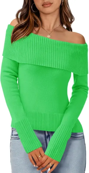 Imily Bela Womens Off The Shoulder Sweaters Casual Long Sleeve Ribbed Knit Slim Fit Y2K Going Out Pullover Tops
