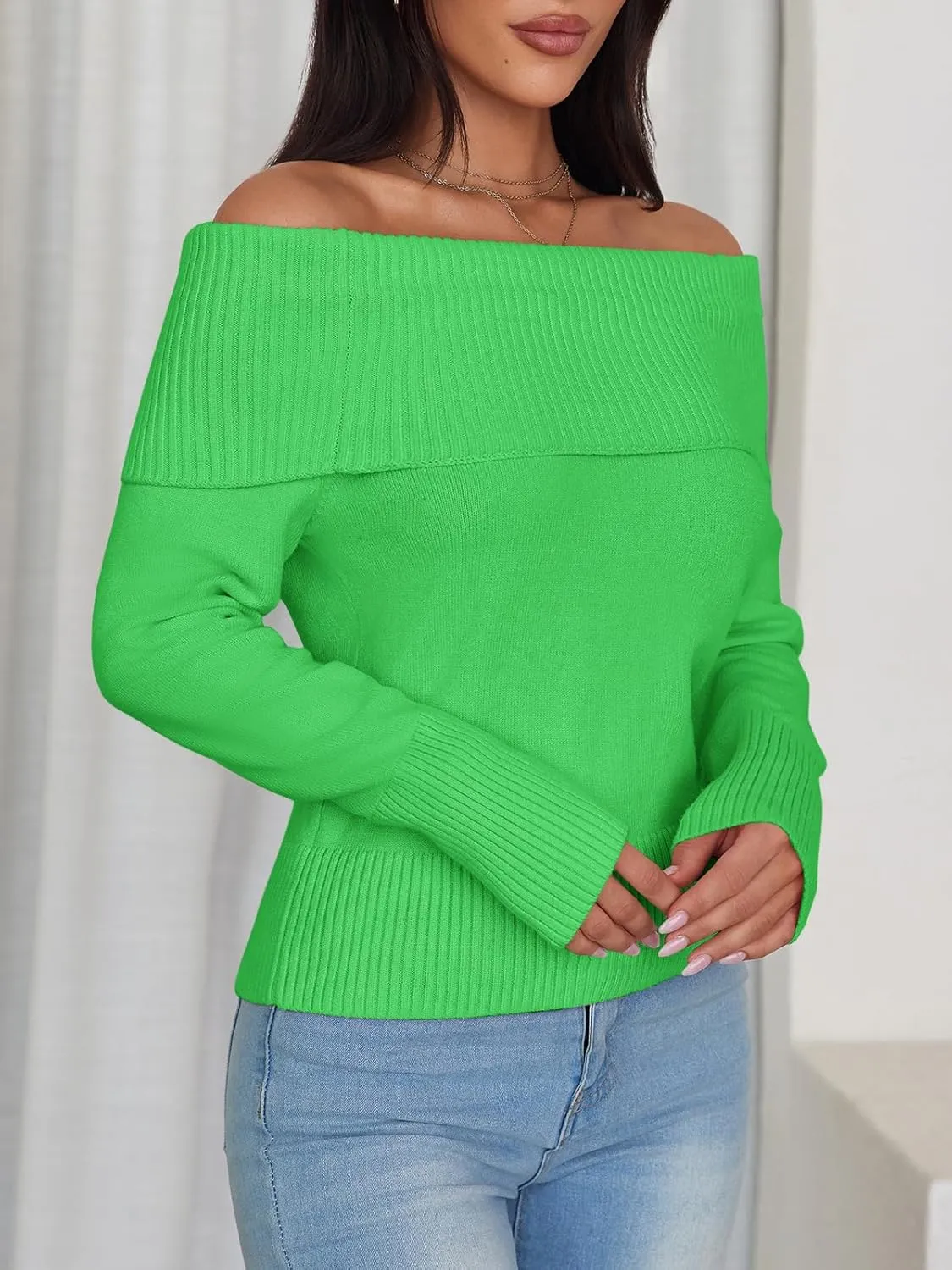 Imily Bela Womens Off The Shoulder Sweaters Casual Long Sleeve Ribbed Knit Slim Fit Y2K Going Out Pullover Tops