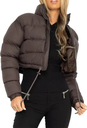iTranyee Women's Winter Cropped Puffer Jacket Long Sleeve Zipper Cotton-Padded Coat Casual Warm High Neck Quilted Outwear