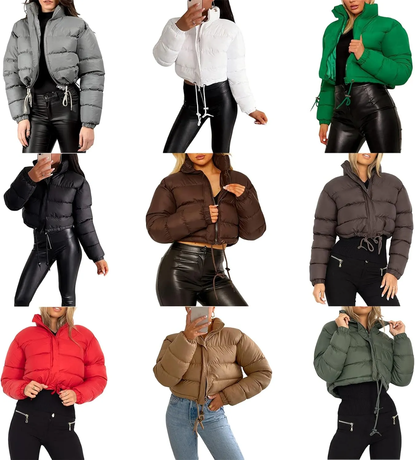 iTranyee Women's Winter Cropped Puffer Jacket Long Sleeve Zipper Cotton-Padded Coat Casual Warm High Neck Quilted Outwear