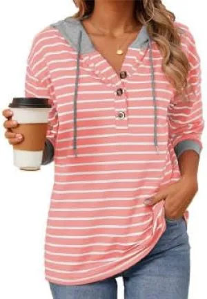 IVERIRMIN Women's Oversized Striped Button-up Hoodies Drawstring Hooded Sweatshirt Long Sleeve Shirts Pullover Tops for Women