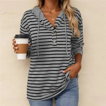 IVERIRMIN Women's Oversized Striped Button-up Hoodies Drawstring Hooded Sweatshirt Long Sleeve Shirts Pullover Tops for Women