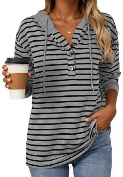 IVERIRMIN Women's Oversized Striped Button-up Hoodies Drawstring Hooded Sweatshirt Long Sleeve Shirts Pullover Tops for Women