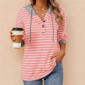 IVERIRMIN Women's Oversized Striped Button-up Hoodies Drawstring Hooded Sweatshirt Long Sleeve Shirts Pullover Tops for Women
