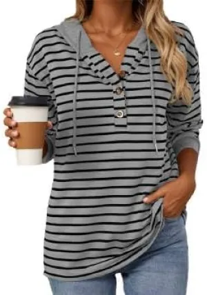 IVERIRMIN Women's Oversized Striped Button-up Hoodies Drawstring Hooded Sweatshirt Long Sleeve Shirts Pullover Tops for Women