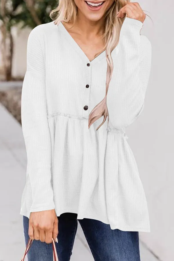 Ivyshape | Casual Solid Color Buckle V-Neck Top