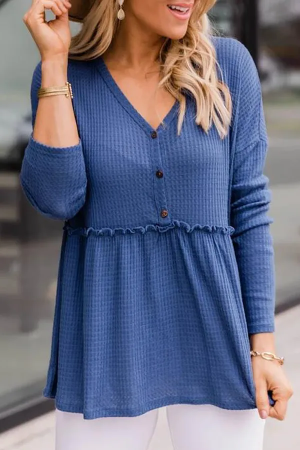 Ivyshape | Casual Solid Color Buckle V-Neck Top