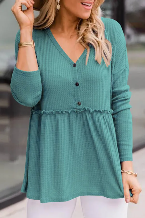 Ivyshape | Casual Solid Color Buckle V-Neck Top