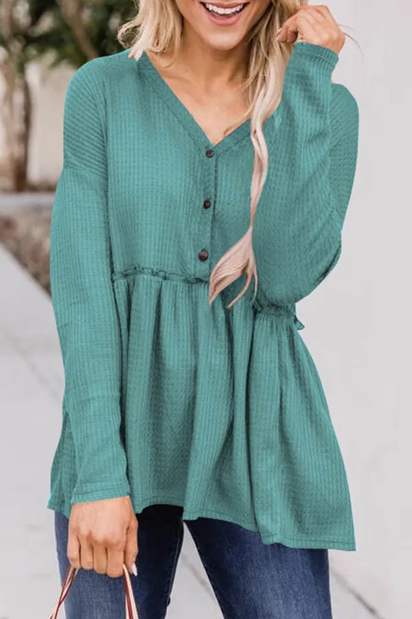 Ivyshape | Casual Solid Color Buckle V-Neck Top