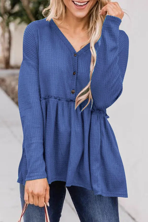 Ivyshape | Casual Solid Color Buckle V-Neck Top