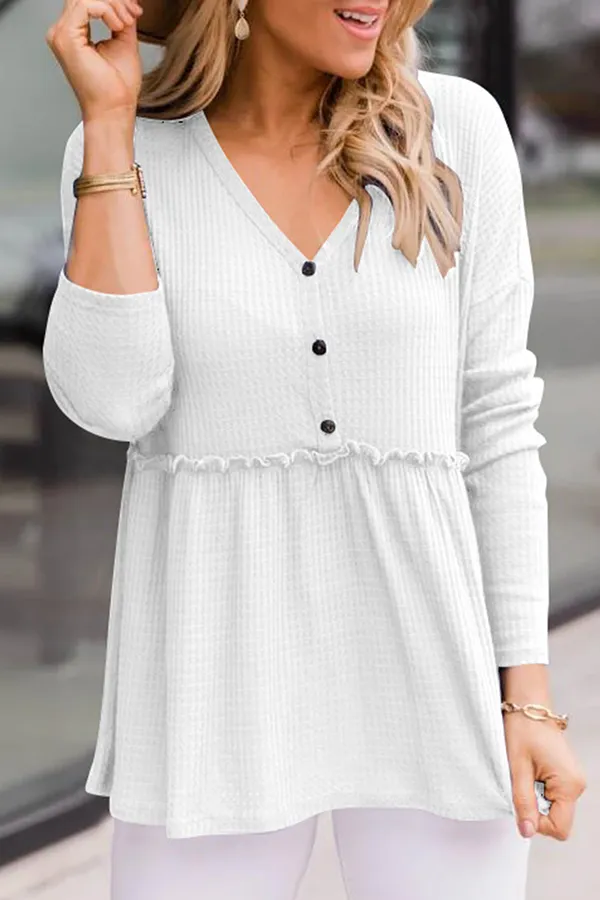 Ivyshape | Casual Solid Color Buckle V-Neck Top
