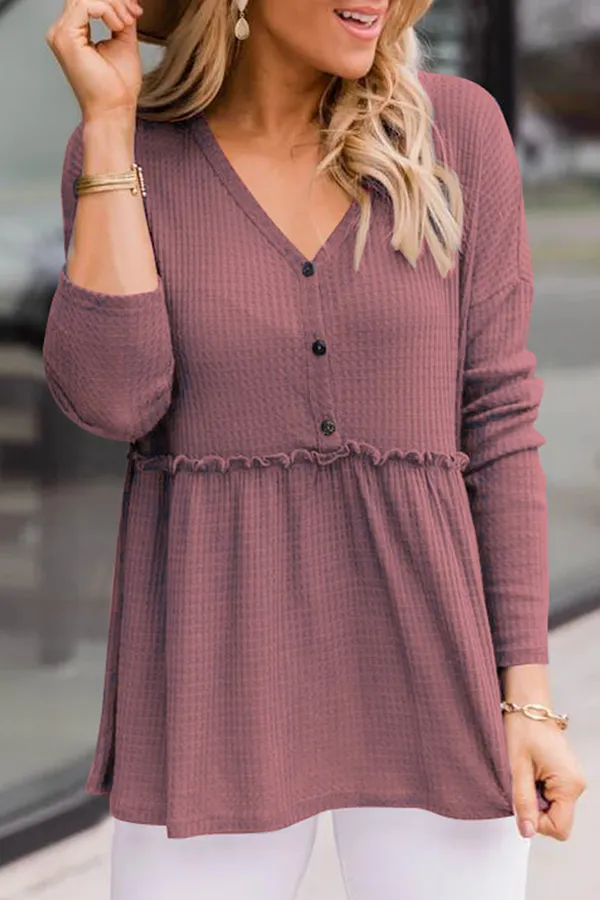 Ivyshape | Casual Solid Color Buckle V-Neck Top