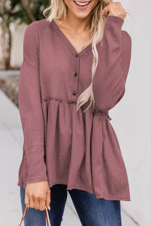 Ivyshape | Casual Solid Color Buckle V-Neck Top