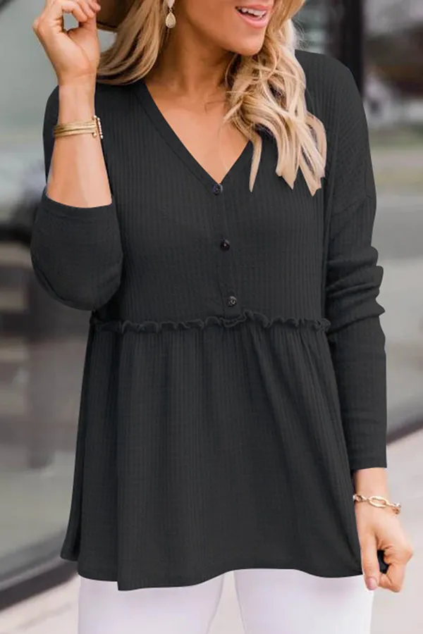 Ivyshape | Casual Solid Color Buckle V-Neck Top