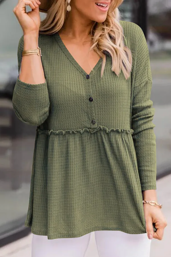 Ivyshape | Casual Solid Color Buckle V-Neck Top