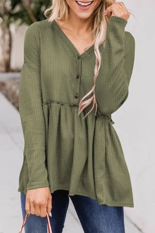 Ivyshape | Casual Solid Color Buckle V-Neck Top