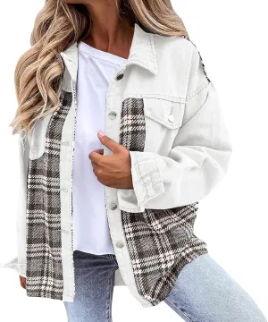 Jacket For Women Women Jean Jacket Long Sleeve Checked Button Up Shirt Jacket Top Denim Jacket