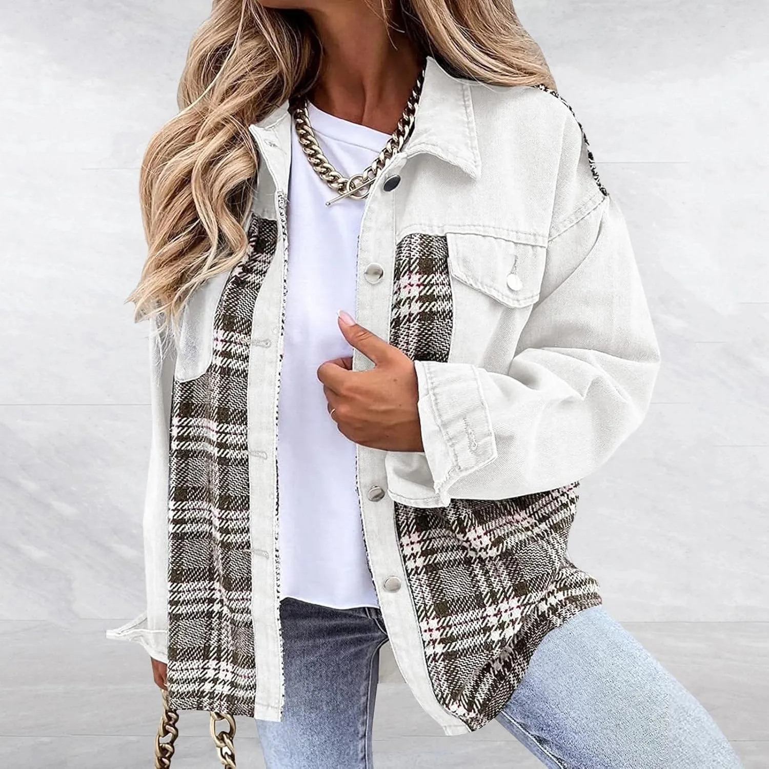 Jacket For Women Women Jean Jacket Long Sleeve Checked Button Up Shirt Jacket Top Denim Jacket