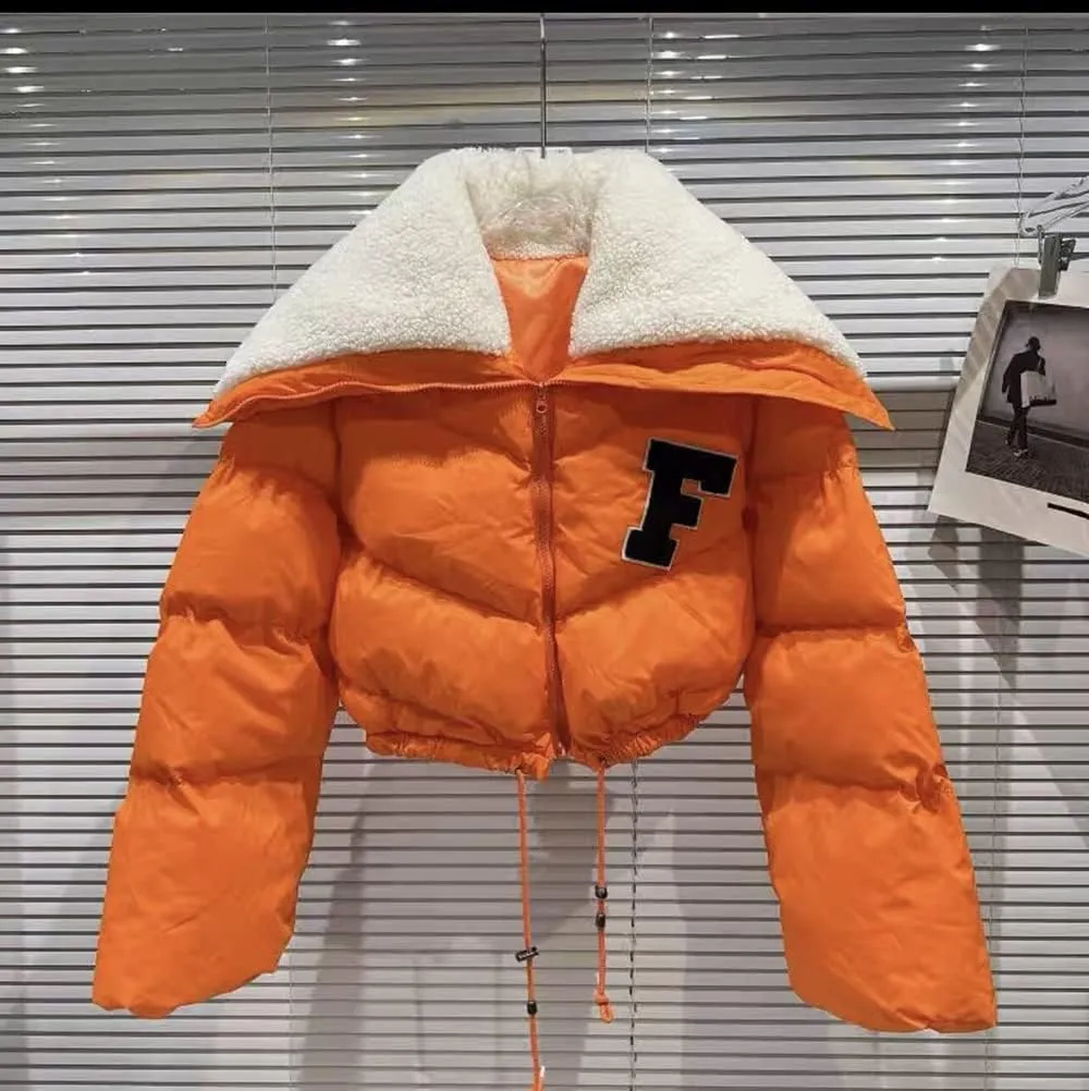 Janepam Women Sherpa Polar Fleece Shawl Collar Cropped Letter Puffer Bomber Varsity Jacket Zipper Cotton Padded Streetwear