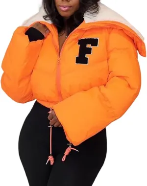 Janepam Women Sherpa Polar Fleece Shawl Collar Cropped Letter Puffer Bomber Varsity Jacket Zipper Cotton Padded Streetwear