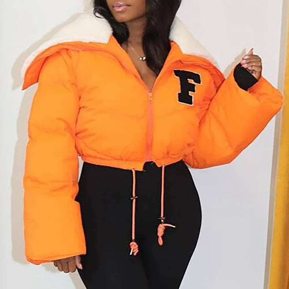 Janepam Women Sherpa Polar Fleece Shawl Collar Cropped Letter Puffer Bomber Varsity Jacket Zipper Cotton Padded Streetwear