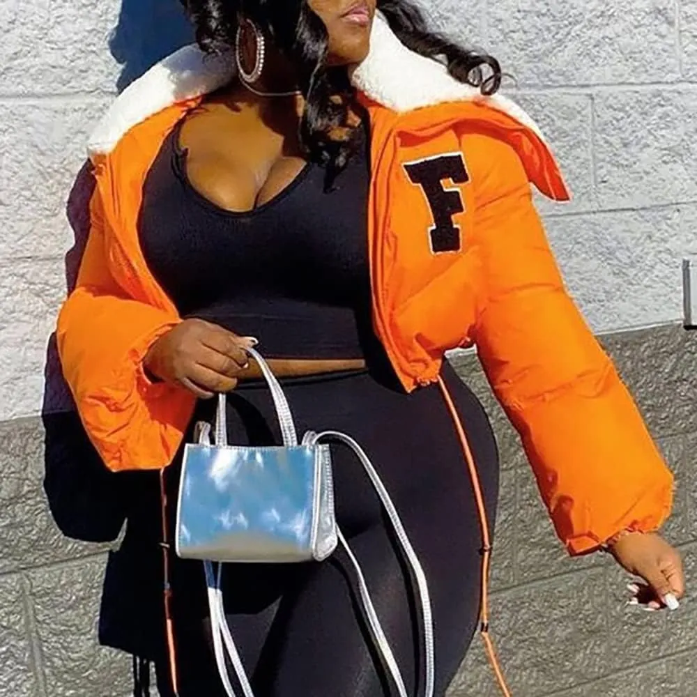 Janepam Women Sherpa Polar Fleece Shawl Collar Cropped Letter Puffer Bomber Varsity Jacket Zipper Cotton Padded Streetwear