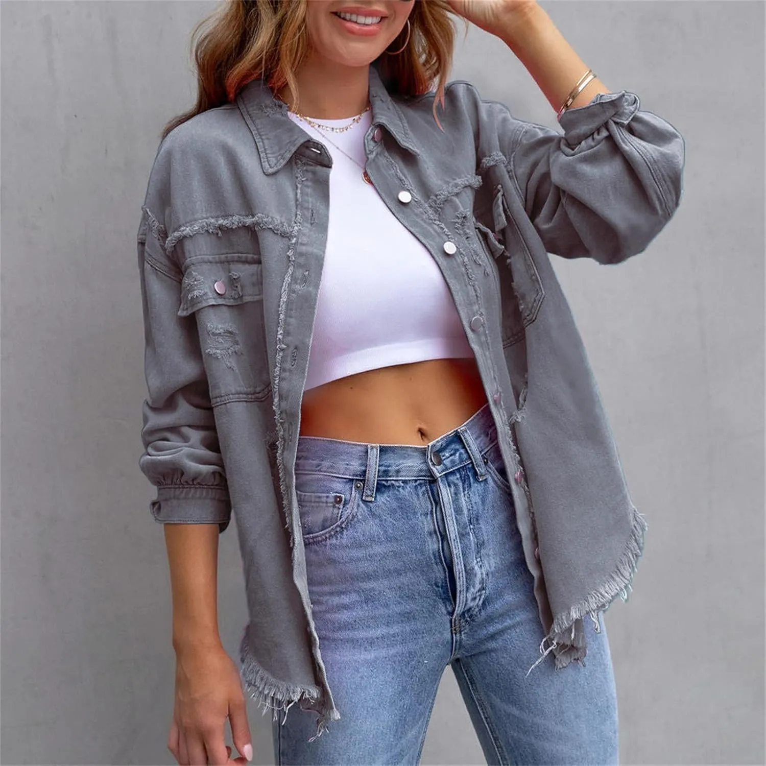 Jean Jacket Women 2024 Trendy Classic Lapel Button Down Up Frayed Hem Shacket Long Sleeve Distresse Trucker Coats