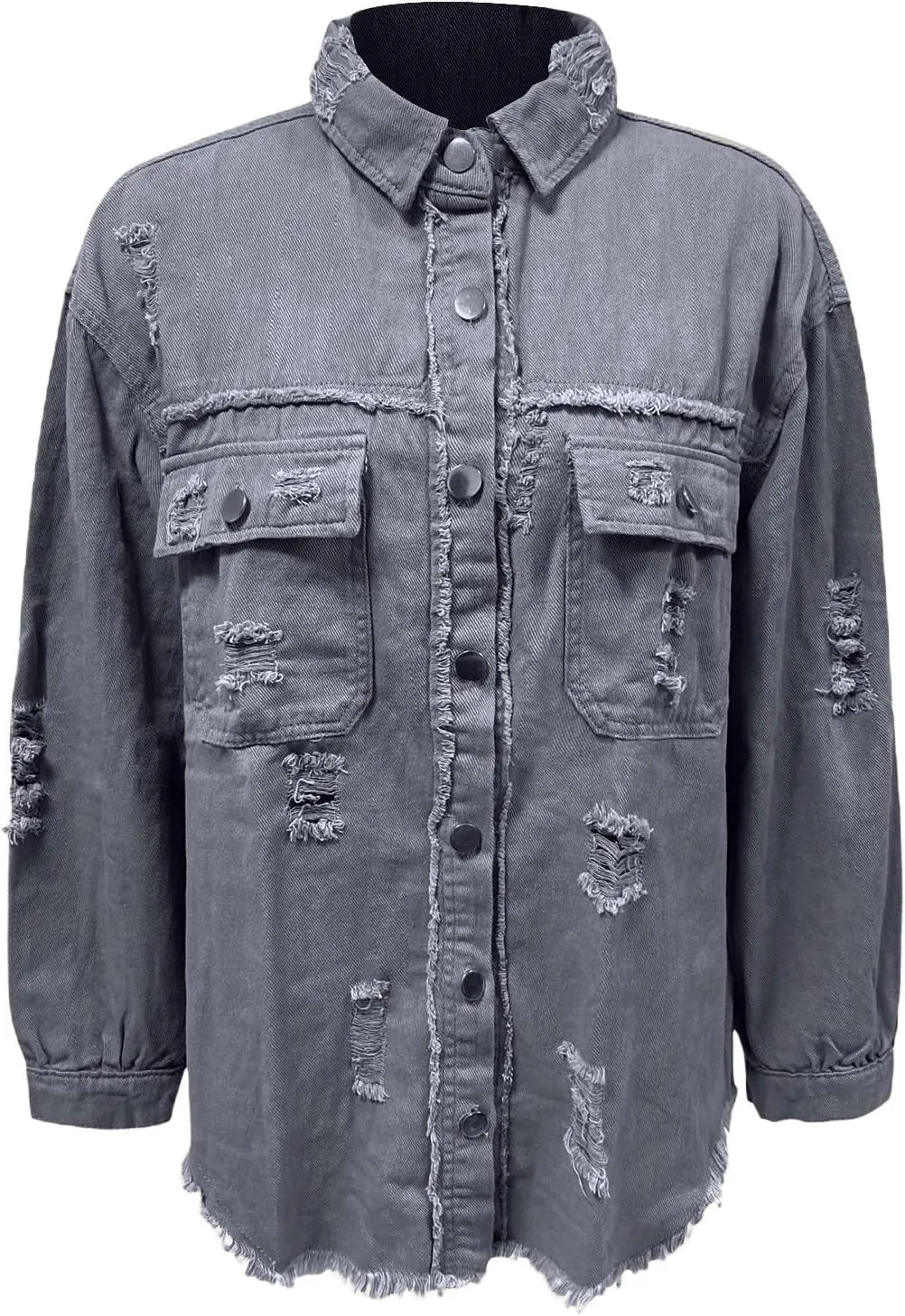 Jean Jacket Women 2024 Trendy Classic Lapel Button Down Up Frayed Hem Shacket Long Sleeve Distresse Trucker Coats