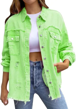 Jean Jacket Women 2024 Trendy Classic Lapel Button Down Up Frayed Hem Shacket Long Sleeve Distresse Trucker Coats